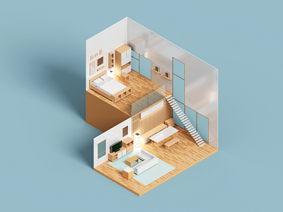Loft 3d architecture house illustration interior isometric minimal voxel