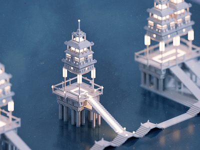 Temple II 3d illustration magicavoxel render temple voxel water