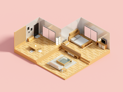 Hybrid room 3d architecture illustration isometric minimal render room voxel