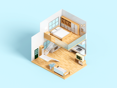 Multipurpose Room 3d architecture house illustration interior isometric minimal voxel