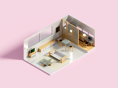 Grid 3d illustration interior isometric minimal render voxel voxelart
