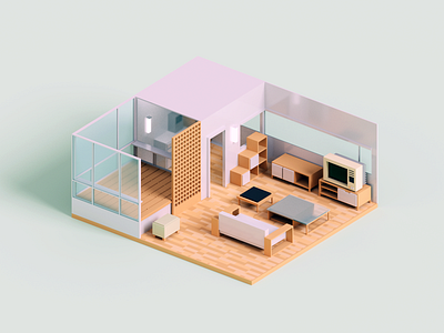Micro Apartment 3d illustration interior minimal render room voxel