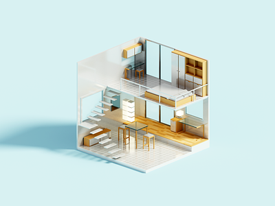 Double 3d illustration interior minimal render voxel voxelart