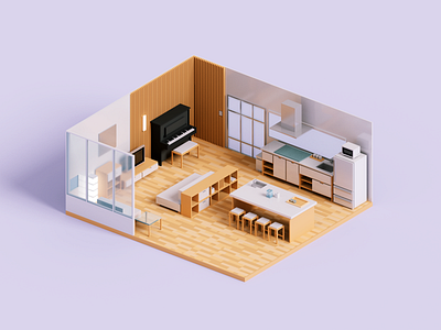 Living Room 3d architecture illustration minimal render voxel voxelart