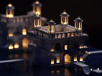 Night 3d architecture illustration minimal temple voxel