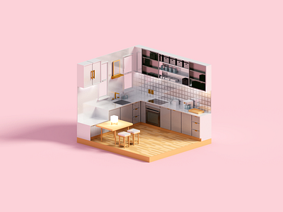 Kitchenette 3d illustration interior kitchen minimal render room voxel