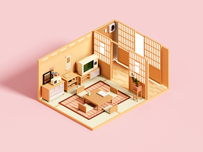 Tea Room 3d architecture illustration interior japan minimal render room tea voxel voxelart zen