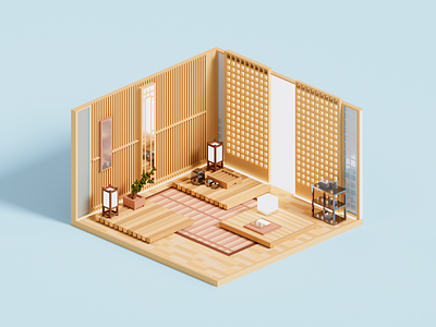 Sanctuary 3d architecture illustration isometric japan magicavoxel minimal render room voxel voxelart zen