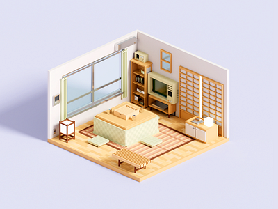 Kotatsu 3d illustration interior isometric japan japanese kotatsu minimal minimalist render room voxel voxelart