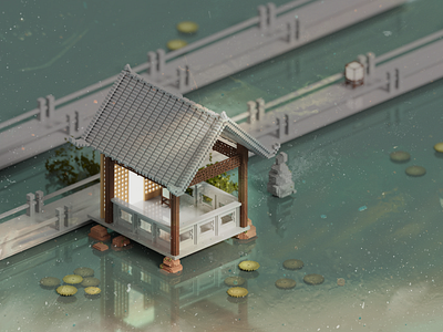 Still 3d architecture bridge china chinese illustration lake magicavoxel render still temple voxel voxelart water