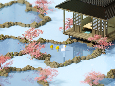 Lakeside 3d blossom cherry duck illustration japan magicavoxel voxel voxelart