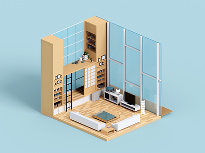 Loft 3d architecture books bookshelf illustration interior minimal render voxel voxelart