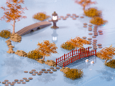 Kubota 3d 3dart bridge duck garden illustration japan render voxel voxelart water