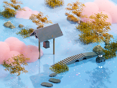 Bell 3d bell cloud garden illustration render voxel voxelart water
