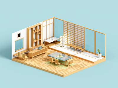 Nakashima 3d architecture illustration minimal render room voxel voxelart