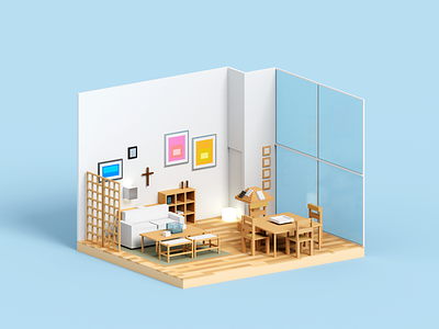 Living room 3d architecture illustration interior minimal render voxel voxelart