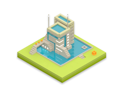 Voxel Tower 3d building illustration isometric tower voxel water
