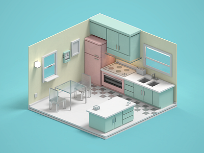 Retro Kitchen 3d illustration isometric kitchen magicavoxel render retro voxel voxelart