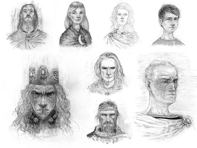 Various legendary character portraits blackandwhite book character design characters childrens illustration drawing illustration