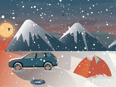 Winter camping bonfire camping car illustration mountain sky snow snowfall snowflakes sunrise tent vector winter