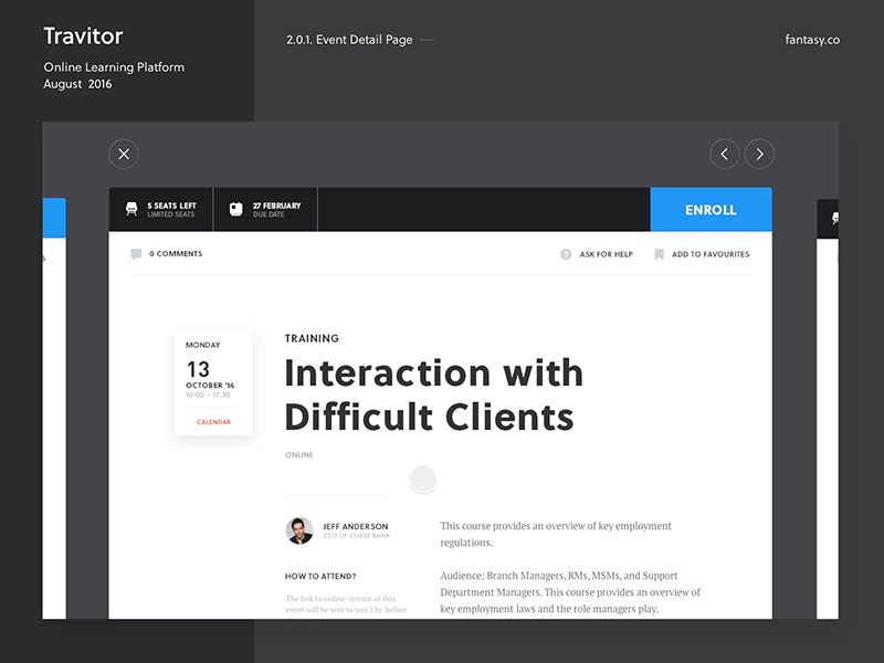Travitor online learning platform – Event Detail Page animation clean dashboard design gfi learning lms platform travitor ui ux white