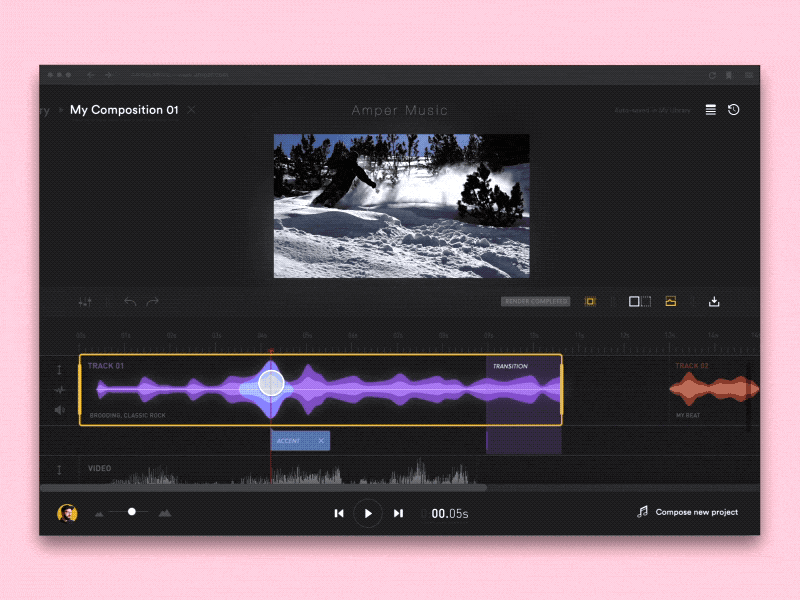 Amper Music - Track settings edit tempo guitar instruments band settings ai music composer dark interface wave