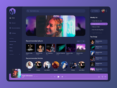 Music Dashboard app artist dark dashboard ui design desktop dj music playlist purple songs ui uidesigns uiux ux web