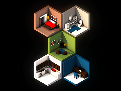 Isometric Rooms 3d bedroom cinema 4d colors isometric kitchen lights living room office toilet