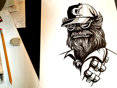 Chewy P.I. art trade ball cap chewbacca drawing hand drawn magnum p.i. pen star wars wookiee