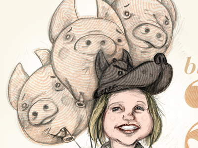 Romi and the Three Little Pigs, detail birthday invite character fingerprint illo illustration three little pigs wolf
