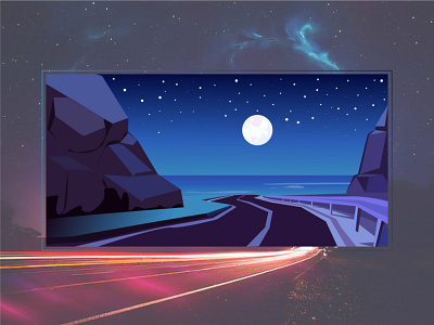 Night Sea Side Road View Illustration