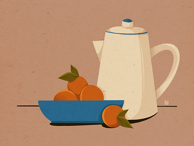 Tangerines blue bowl design drawing illustration orange still life stilllife tangerine teapot web
