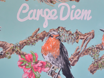 Carpe Diem - Indoor mural art birds brush illustration indoor ink mural paint painting realism type typography