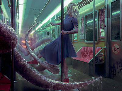 Mind The Gap 3d blender cosmic girl graffiti horror lovecraft octopus squid train woman