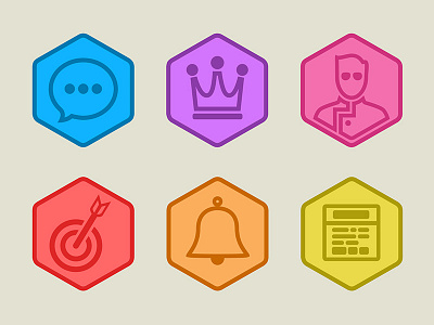 Pentagonal icons bell colorful contacts crown icons illustrations profile symbols target