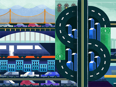 Infrastructure bridges cars dollar illustration roads sign texture trains