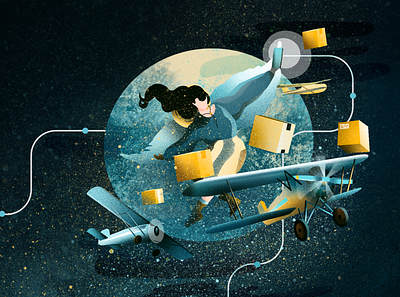 Flying adventure app flying girl illustration plane shipping