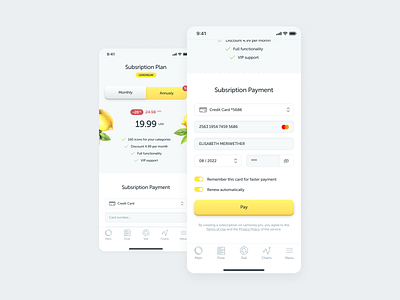 Subsription Payment with Credit Card in an app 002 app app design credit card dailyui figma financial app interface design lemon payment subscription ui ui design ux ux design yellow