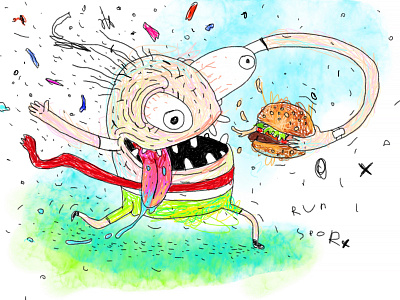 Runner with hamburger art burger cartoon character character design comics cute design doodle drawing food humburger illustration pencil run runner sport watercolor winner