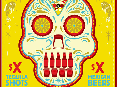 Cinco De Mayo Specials Poster Detail bar beer bottle bright dead fish dia de los muertos fish fun lemon lime mexican pool pool rack poster rack shot shot glass skull