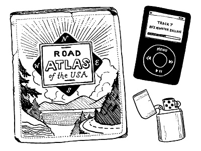 Adventure Survival Kit illustrations 1 adventure america atlas hand drawn illustration ink ipod lighter map mp3 pen road road trip stippling zippo