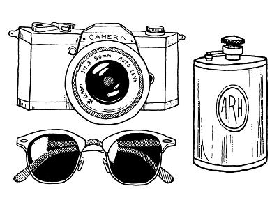 Adventure Survival Kit 2 adventure camera flask glasses hand drawn illustration ink lens pen roadtrip sunglasses sunnies survival