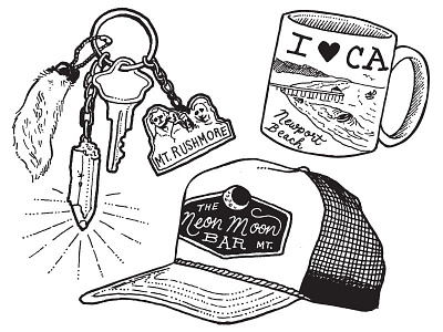 Adventure Survival Kit 3 adventure hand drawn hat illustration ink keychain keys mug road trip