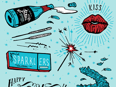 New Years Graphic Detail boa champagne feather flash hoodzpah illustration kiss mouth new years sparklers