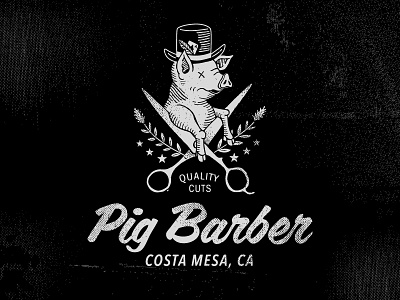 Pig Barber Logo A barbershop branding goldenrod logo pig retro scissors top hat vintage