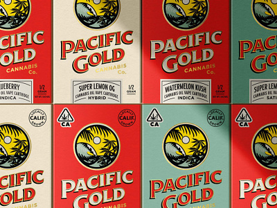 Pacific Gold Cannabis Branding packaging design cannabis packaging cannabis branding cannabis logo design seal hoodzpah branding logo illustration