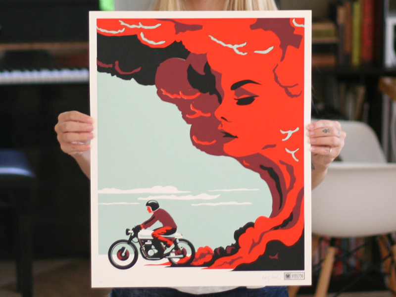 Road Beckons Screen Print Poster poster motorcycle moto guzzi cloud smoke road illustration retro