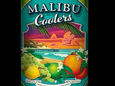 Malibu Coolers Bottle Label california coast design fruit label malibu ocean organic pier retro wine cooler