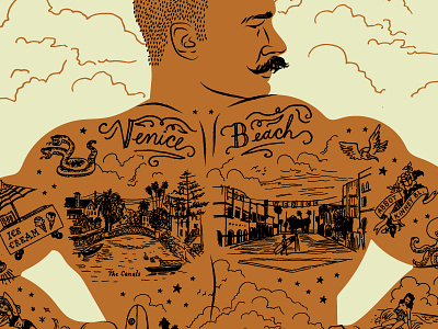 Ode to Venice Beach, CA beach bikini california hand drawn illustration man muscles pin up surfboard tattoos venice