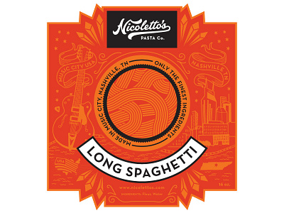 Nicolettos Pasta Label guitar illustration italian label nashville packaging skyline spaghetti